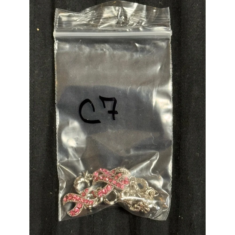 Set of 5 Silver and Pink Rhinestone Breast Cance Awareness Ribbon Dangle Charms